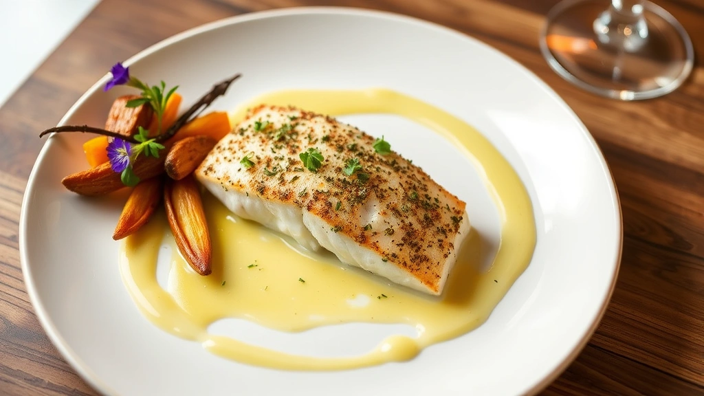 Elegant plated yellowtail snapper with coconut-lime beurre blanc sauce artfully drizzled across white plate, fish fillet perfectly cooked with herb crust, accompanied by roasted root vegetables and edible flowers, fine dining presentation, warm professional lighting
