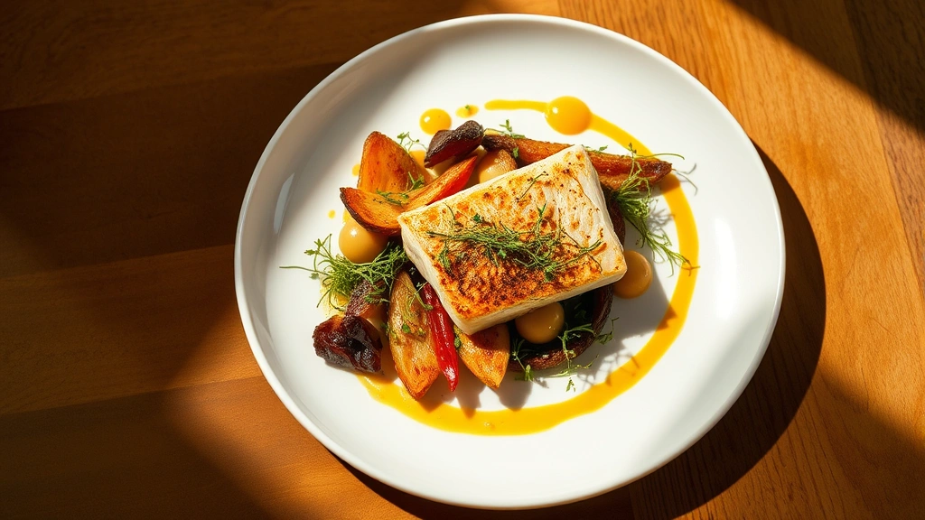 Overhead shot of an elegantly plated modern British dish featuring roasted fish fillet with seasonal vegetables, microgreens, and delicate sauce swirl on white ceramic plate, warm natural lighting