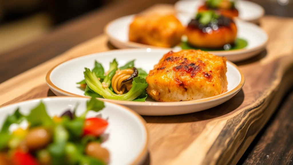 Close-up of a tasting menu progression showing multiple small plates with varying colors and textures—from vibrant greens to golden-brown proteins, arranged on a wooden serving board, fine dining presentation
