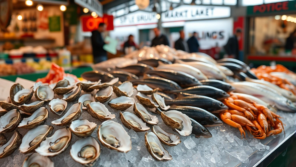 Vibrant Borough Market scene with fresh seafood display including oysters on ice, whole fish, and crustaceans, with vendors in background, natural morning light reflecting on wet surfaces