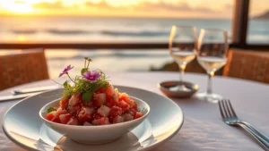 Golden-hour oceanfront table setting with fresh ahi poke bowl, yuzu ponzu glaze, sesame seeds, garnished with microgreens and edible flowers, Pacific Ocean visible in background, soft natural lighting