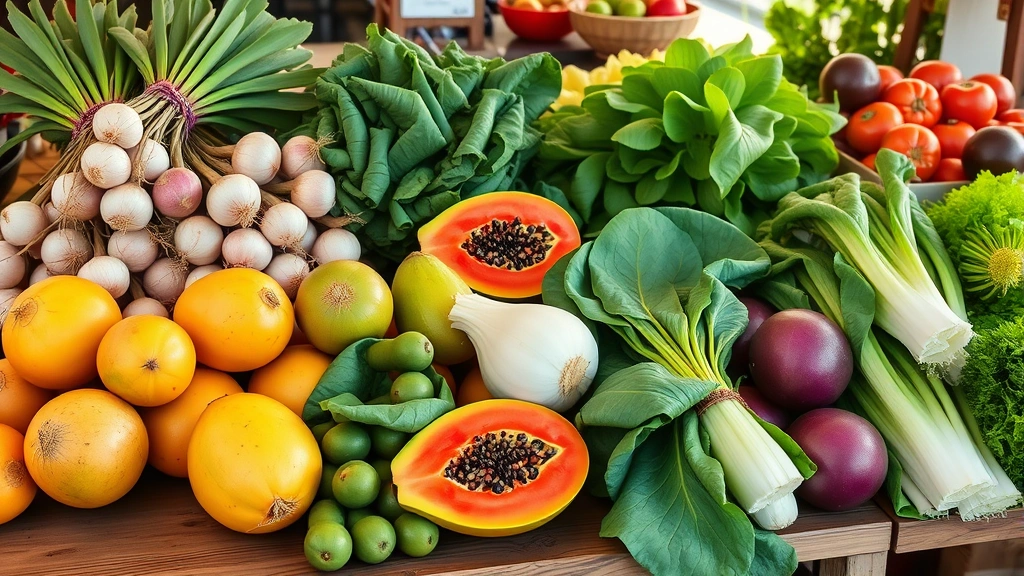 Vibrant farmers market display of Maui onions, tropical fruits including mango and papaya, fresh bok choy and local vegetables arranged on wooden table, morning sunlight streaming across produce
