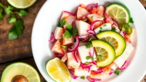 Overhead shot of a vibrant plate of ceviche with fresh white fish, diced red onion, cilantro, lime juice, and avocado slices arranged artfully on a white ceramic plate, coastal seafood presentation, bright natural lighting, shallow depth of field
