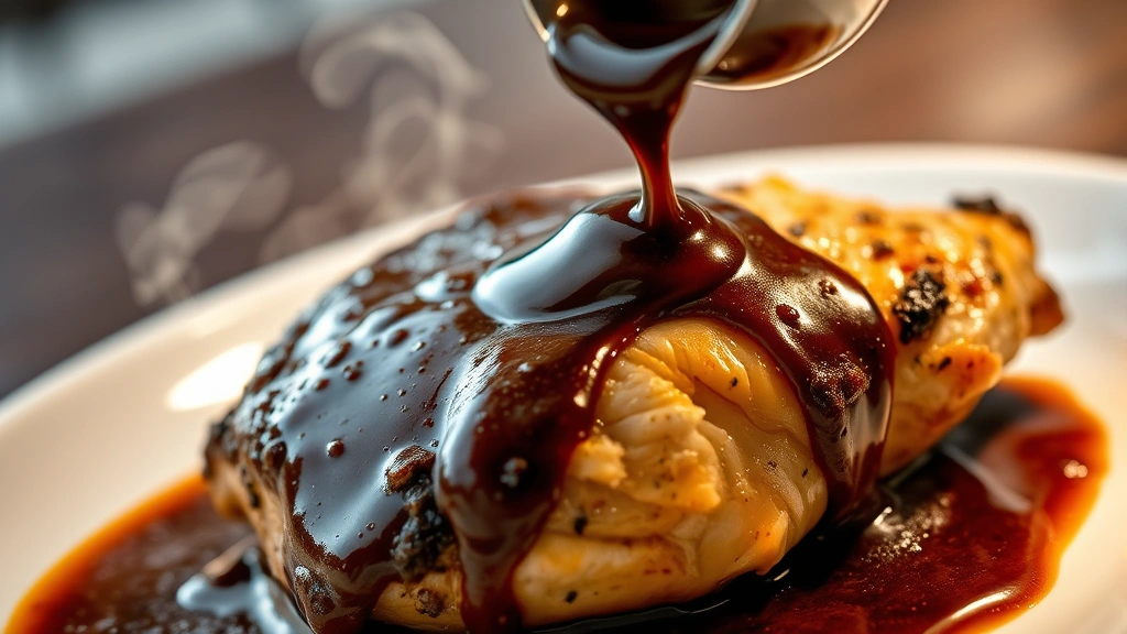 Close-up of traditional mole negro sauce being drizzled over perfectly roasted chicken breast, rich dark brown sauce with visible texture, steam rising, plated on white dish, professional restaurant lighting, artistic food styling