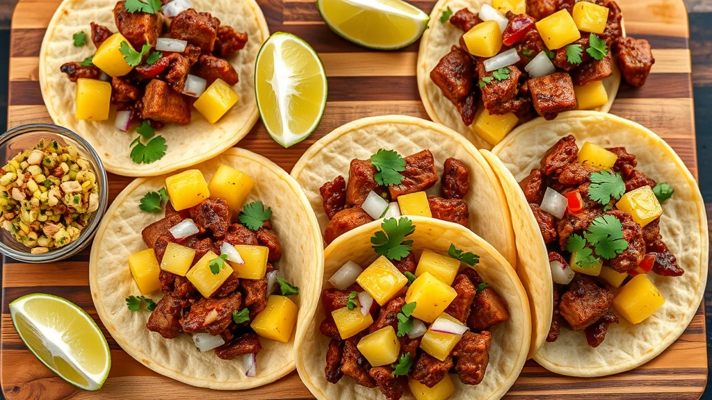 Flat lay of assorted tacos al pastor with visible marinated meat, fresh pineapple chunks, diced onion, cilantro on corn tortillas, lime wedges, wooden serving board, rustic Mexican presentation, warm golden hour lighting