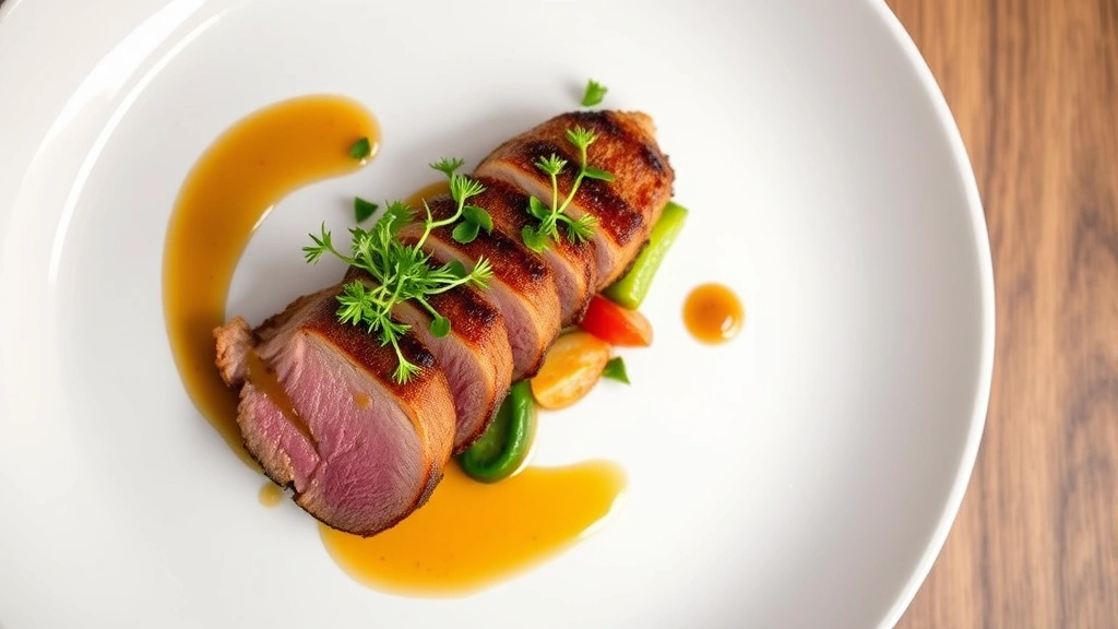 Overhead view of an elegantly plated fine dining dish featuring seared duck breast with vibrant microgreens, seasonal vegetables, and glossy sauce on a white ceramic plate, soft studio lighting, professional restaurant photography