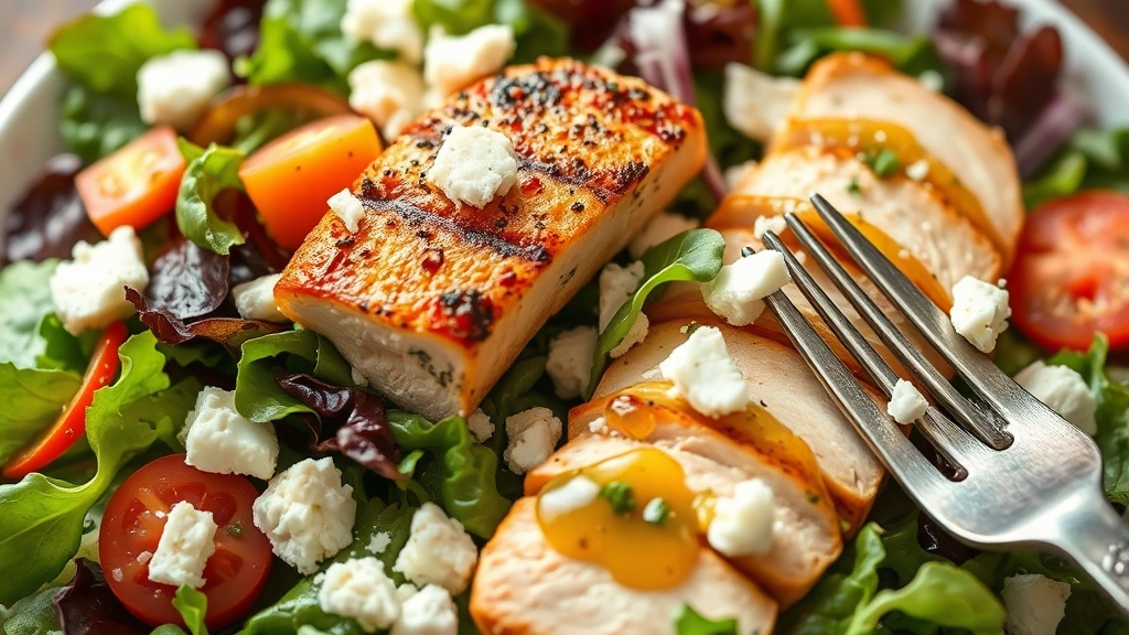 Close-up of fresh colorful salad with mixed greens, grilled chicken breast, artisanal cheese crumbles, and citrus vinaigrette, natural daylight, fork visible, appetizing composition