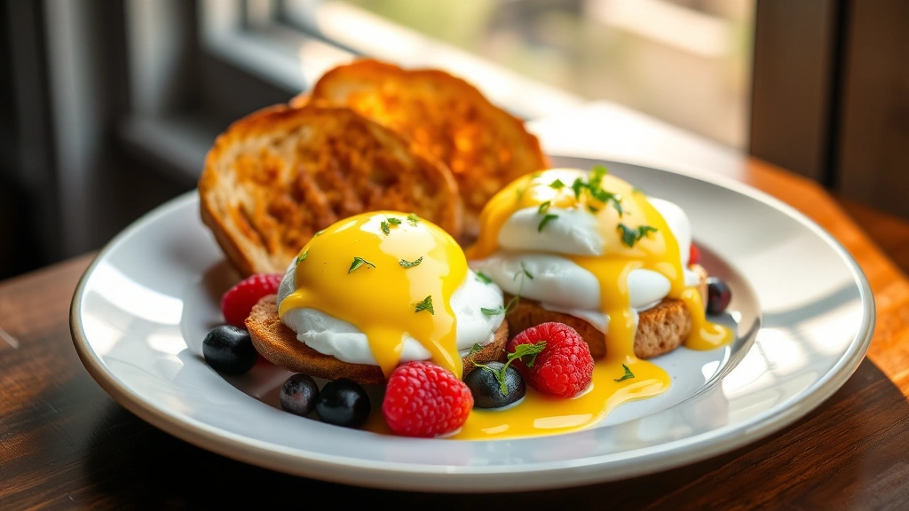 Artfully presented brunch plate with poached eggs, crispy toast, fresh berries, microgreens, and hollandaise sauce drizzle, warm morning light from window, inviting and sophisticated presentation