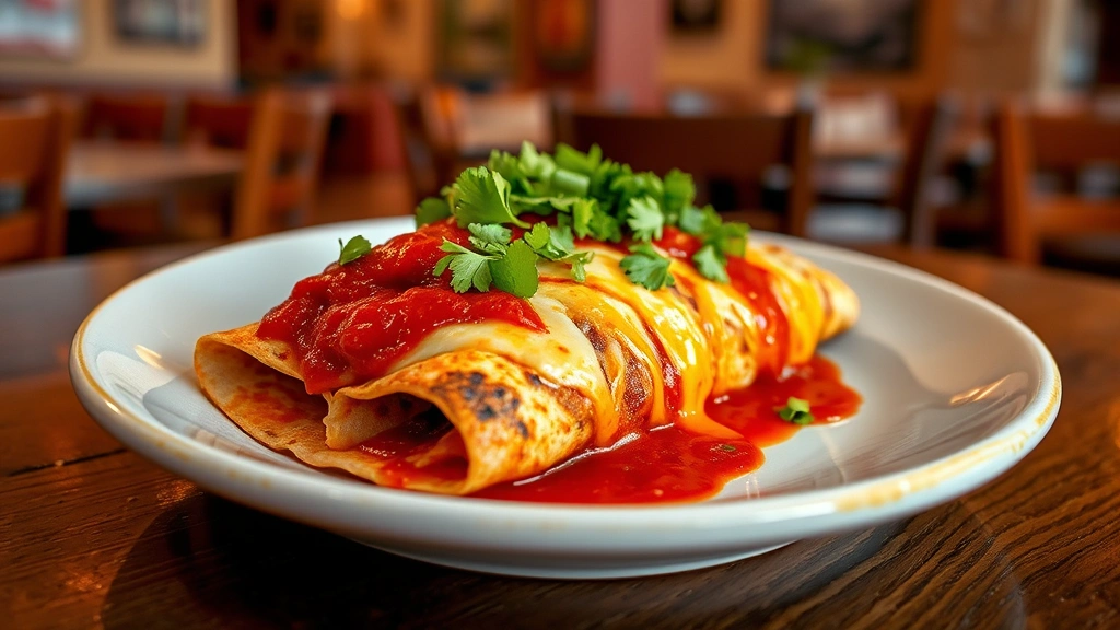 Artfully plated enchilada topped with crimson red chile sauce and melted cheese, garnished with fresh cilantro, blue corn tortilla visible, authentic adobe restaurant interior background, professional culinary photography