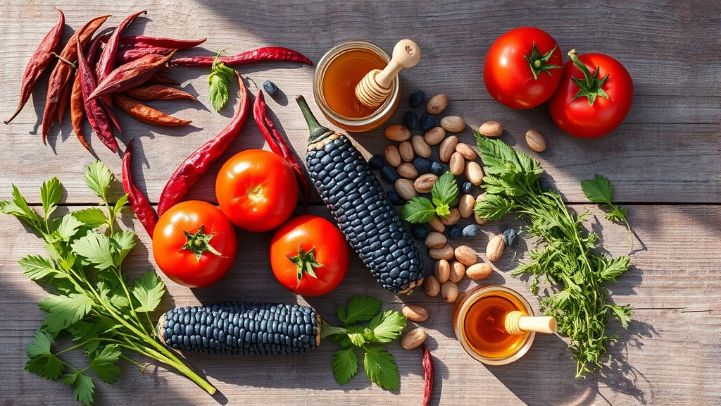 Overhead flat lay of traditional New Mexican ingredients: dried red chiles, blue corn, heritage beans, heirloom tomatoes, local honey, fresh herbs on weathered wood surface, natural sunlight
