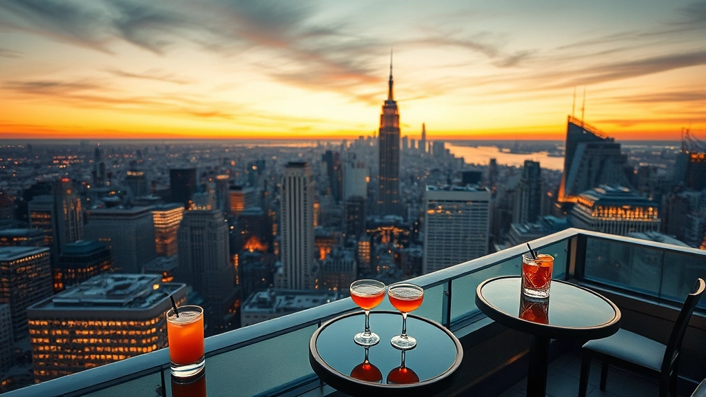 Aerial view of Manhattan skyline at golden hour with rooftop bar in foreground, featuring craft cocktails on high-top tables, city lights twinkling below, warm ambient lighting, photorealistic, no text or signage