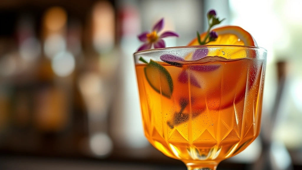 Close-up of artisanal cocktail with fresh herbs, house-made bitters, and premium spirit, garnished with edible flowers and citrus twist, condensation on crystal glass, sophisticated bar setting in soft focus background