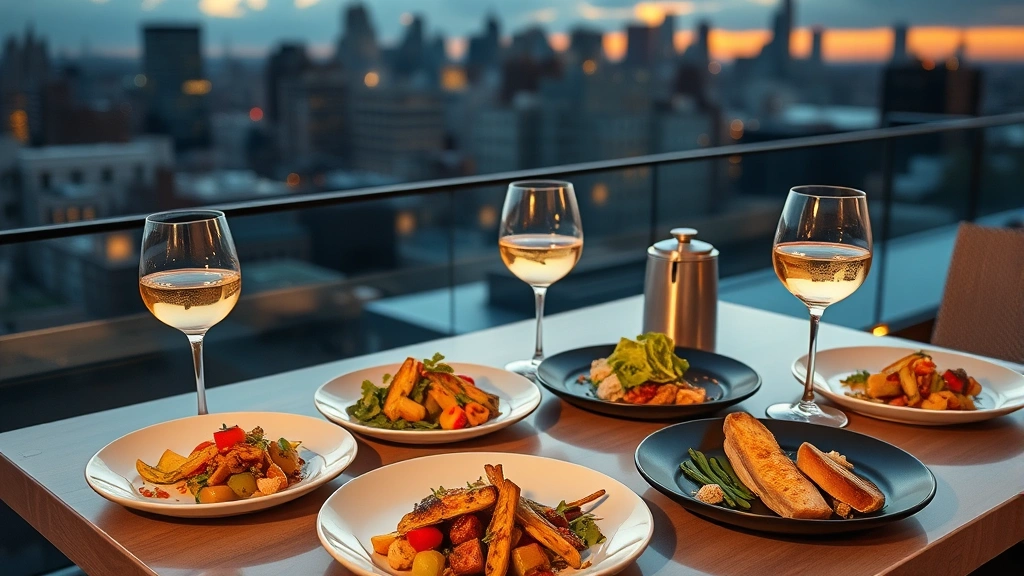 Rooftop dining table setup with seasonal small plates featuring colorful vegetables, delicate proteins, and artistic plating, wine glasses catching golden sunset light, Manhattan buildings silhouetted in background, warm atmospheric lighting