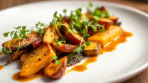 Close-up of an elegantly plated vegan tasting menu course featuring colorful roasted root vegetables, microgreens, and artistic sauce drizzle on white ceramic plate, professional fine dining presentation, warm kitchen lighting