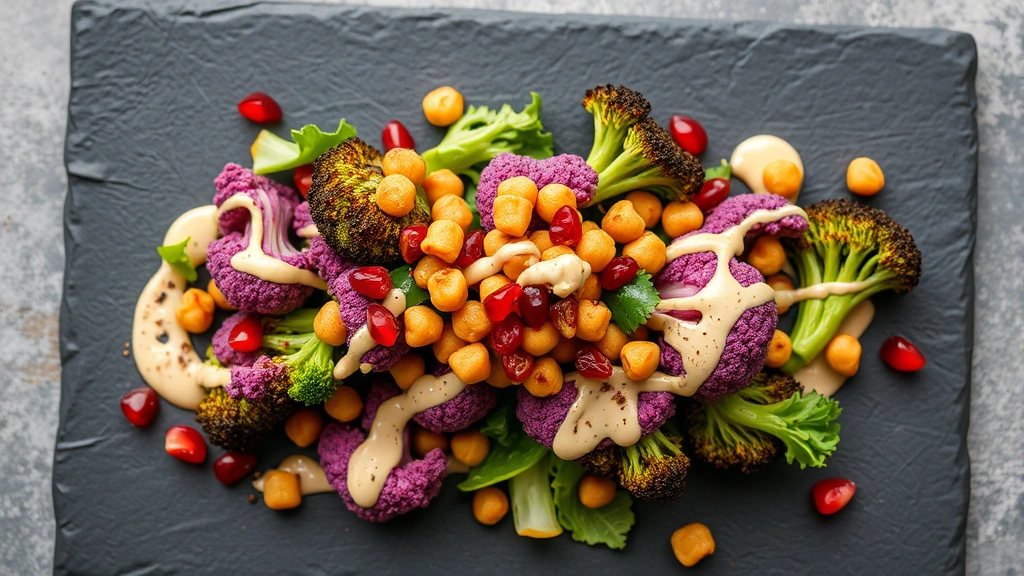 Overhead shot of vibrant vegetable-focused dish with charred broccolini, purple cauliflower, crispy chickpeas, tahini drizzle, and scattered pomegranate seeds on dark slate, restaurant-quality plating