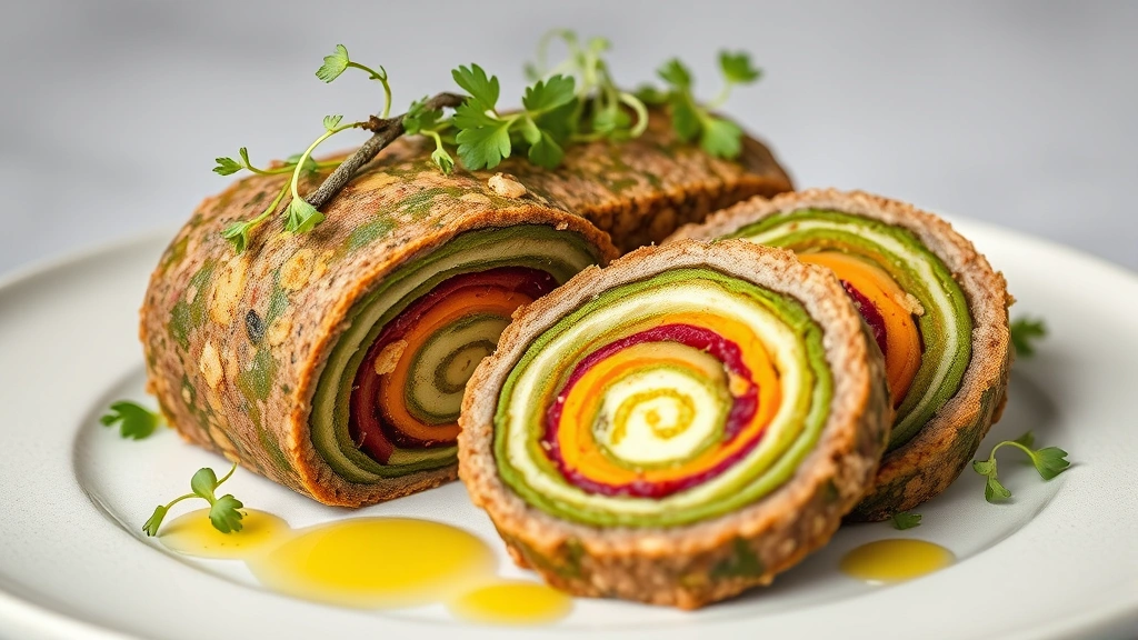 Artistic presentation of layered vegetable terrine with alternating colors—beets, greens, orange vegetables—sliced to show cross-section, garnished with microgreens and herb oil, minimalist plating on neutral background