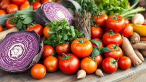 Vibrant farmers market display with heirloom tomatoes, purple cabbage, fresh herbs, and root vegetables arranged artfully on rustic wooden table, natural daylight, photorealistic, close-up detail showing texture and color variation