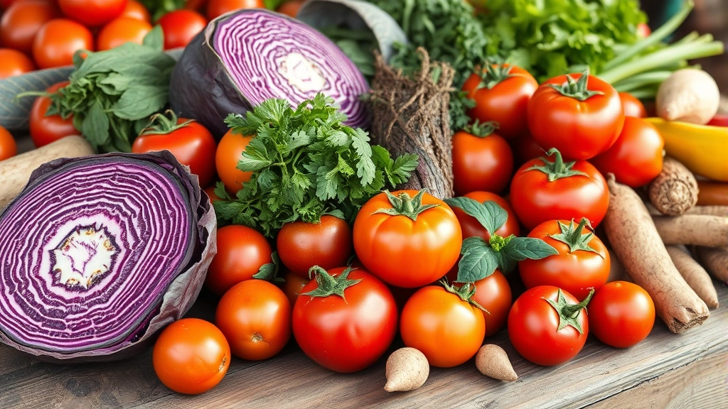 Vibrant farmers market display with heirloom tomatoes, purple cabbage, fresh herbs, and root vegetables arranged artfully on rustic wooden table, natural daylight, photorealistic, close-up detail showing texture and color variation