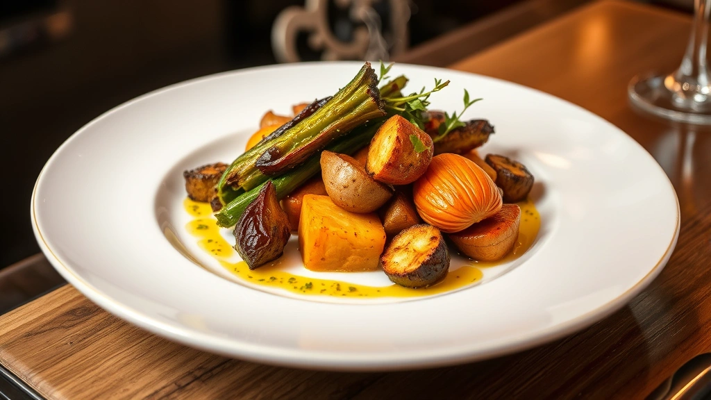 Beautifully plated vegetarian dish featuring charred brassicas, roasted root vegetables, and herb oil on white ceramic plate, professional restaurant setting, steam rising from components, photorealistic fine dining presentation