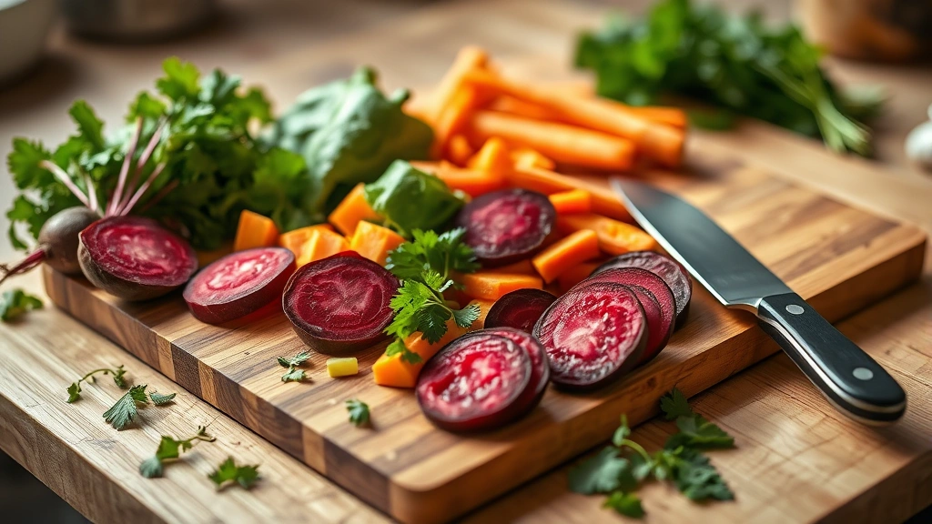 Wooden cutting board with sliced seasonal vegetables including beets, carrots, and leafy greens, chef's knife, fresh herbs scattered nearby, warm kitchen lighting, photorealistic culinary preparation scene