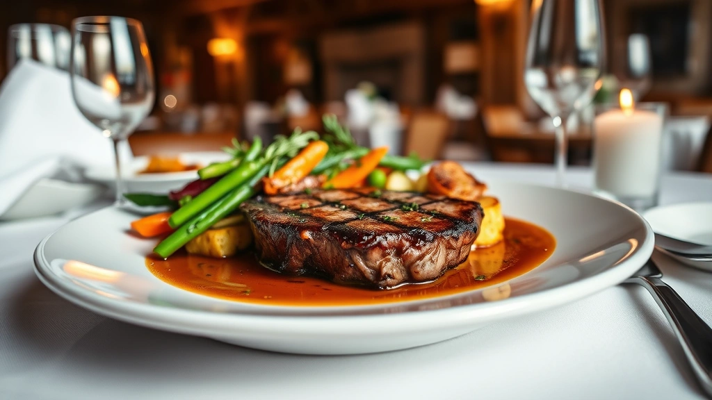 Gourmet plated steak dinner with seasonal vegetables and rich sauce on white ceramic plate, fine dining presentation, warm restaurant lighting, fresh herbs garnish, alpine lodge ambiance