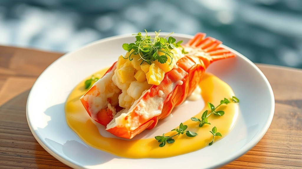 Overhead shot of butter-poached lobster with uni foam, saffron beurre blanc, and microgreens on white plate, coastal ocean backdrop slightly blurred, professional fine dining plating, natural daylight