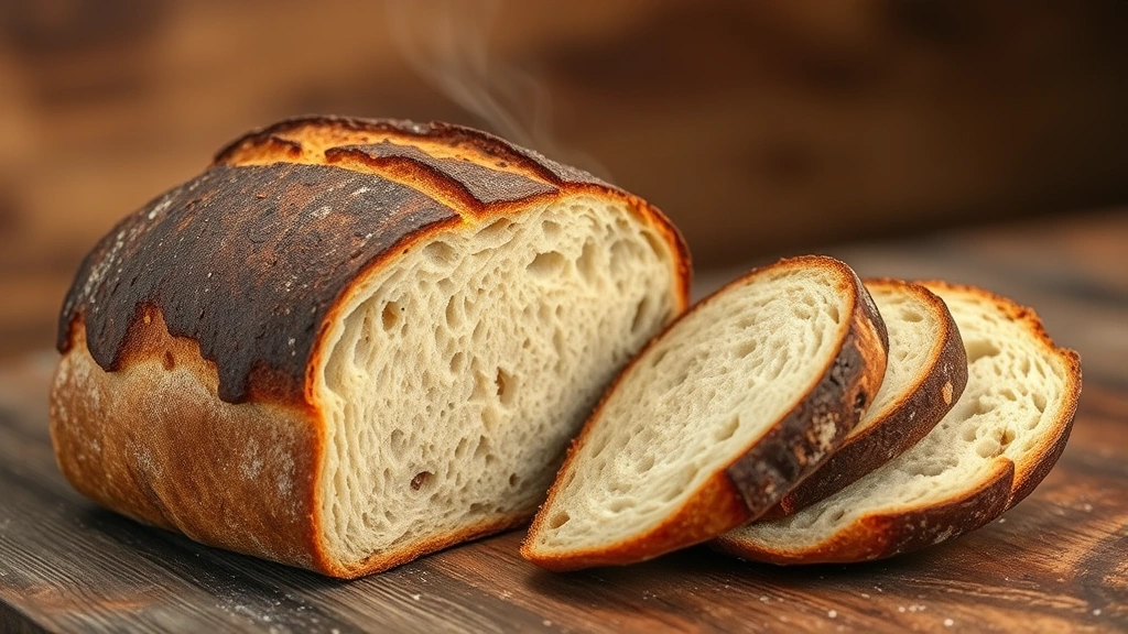 Artisanal sourdough bread with dark golden crust, freshly sliced showing open crumb structure, rustic wooden table, steam rising, warm bakery lighting, crusty texture clearly visible