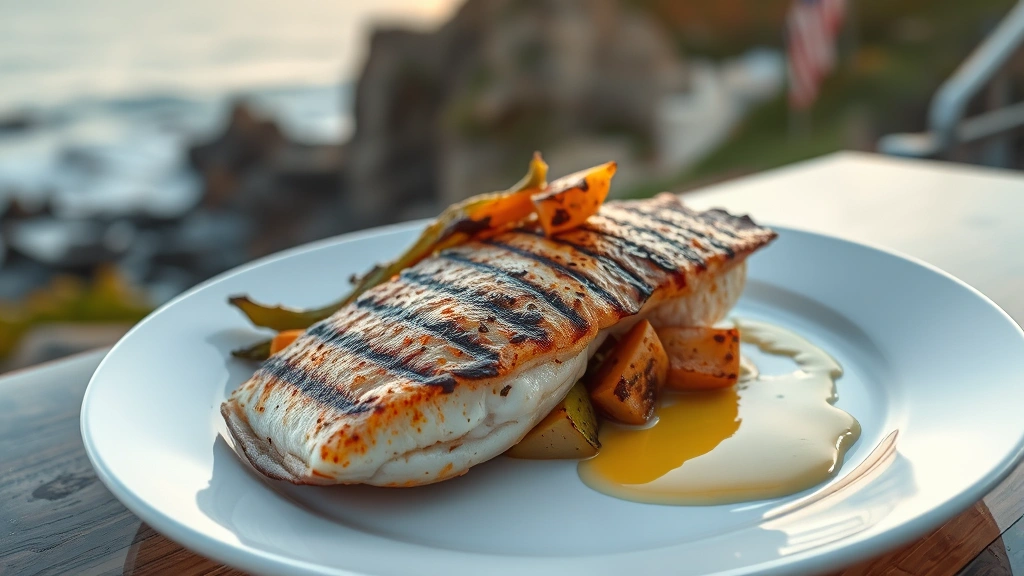 Grilled local rockfish fillet with crispy skin, seasonal roasted vegetables, beurre blanc sauce drizzle, elegant white plate, ocean cliff view soft-focused in background, golden hour lighting