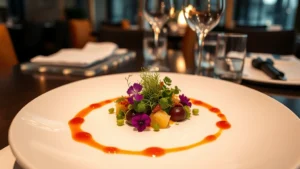 Elegant plated gourmet dinner course with microgreens, edible flowers, and artistic sauce drizzle on white ceramic plate, warm restaurant lighting reflecting off glassware