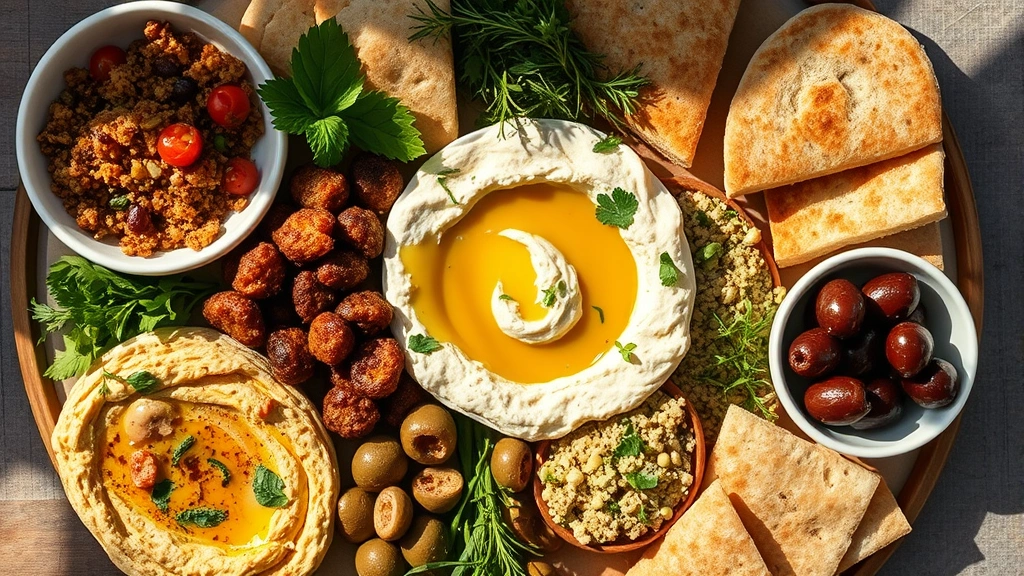 Overhead flat lay of Mediterranean mezze platter featuring hummus, baba ganoush, falafel, tabbouleh, and olives with warm pita bread, garnished with fresh herbs and drizzled with golden olive oil, natural sunlight casting soft shadows