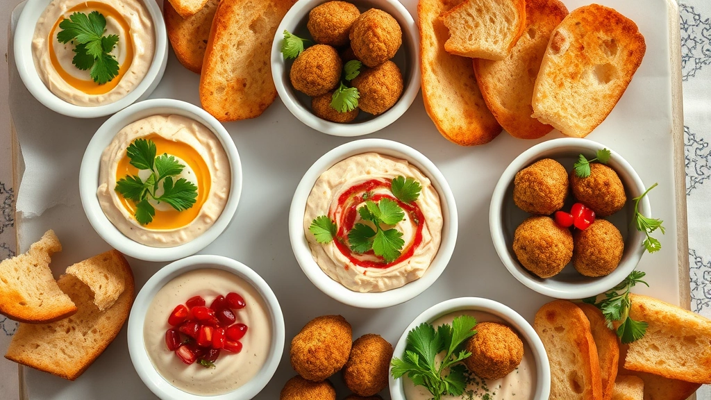 Artistic overhead composition of Mediterranean dining spread including multiple small white ceramic bowls with creamy dips, fresh cilantro garnish, pomegranate seeds, crispy fried falafel pieces, and warm bread torn and arranged around bowls, warm golden lighting