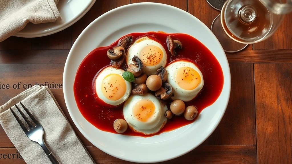 Overhead shot of perfectly plated œufs en meurette with glossy red wine sauce, poached eggs with runny yolks, pearl onions, mushrooms, and lardons on white ceramic plate, warm golden lighting, rustic bistro table setting with linen napkin and wine glass visible at edge, photorealistic, no text
