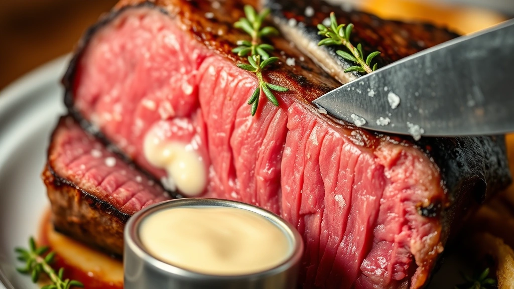 Close-up of thick-cut côte de boeuf steak seared to mahogany crust, perfectly pink interior exposed by knife cut, garnished with fresh thyme sprigs and fleur de sel crystals, accompanying béarnaise sauce in small ramekin, warm bistro ambiance lighting, professional food photography, no labels or text