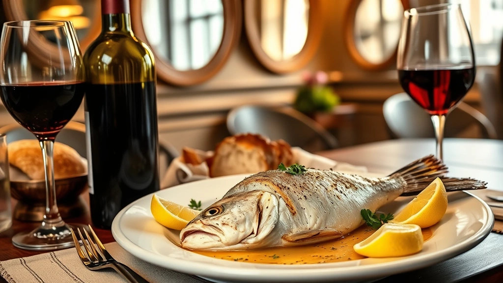 Artistic arrangement of classic French bistro items: whole Dover sole meunière on white plate with brown butter and parsley, Burgundy wine bottle and filled wine glass, crusty bread, fresh lemon wedges, vintage bistro décor and mirrors slightly blurred in background, warm golden hour lighting, culinary magazine quality, no visible text or labels