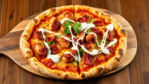 Overhead view of wood-fired pizza with crispy crust, melted cheese, grilled chicken, crispy bacon, fresh lettuce, and ranch drizzle on rustic wooden serving board, warm lighting, steam rising