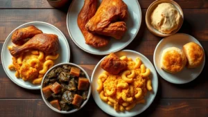 Overhead shot of perfectly plated Southern soul food featuring fried chicken with golden-brown crispy skin, creamy mac and cheese with cheese crust, collard greens with ham hock, cornbread, and biscuits on a rustic wooden table with warm lighting