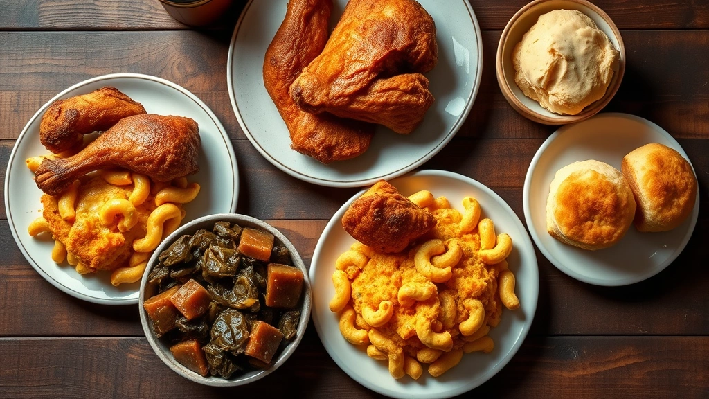 Overhead shot of perfectly plated Southern soul food featuring fried chicken with golden-brown crispy skin, creamy mac and cheese with cheese crust, collard greens with ham hock, cornbread, and biscuits on a rustic wooden table with warm lighting