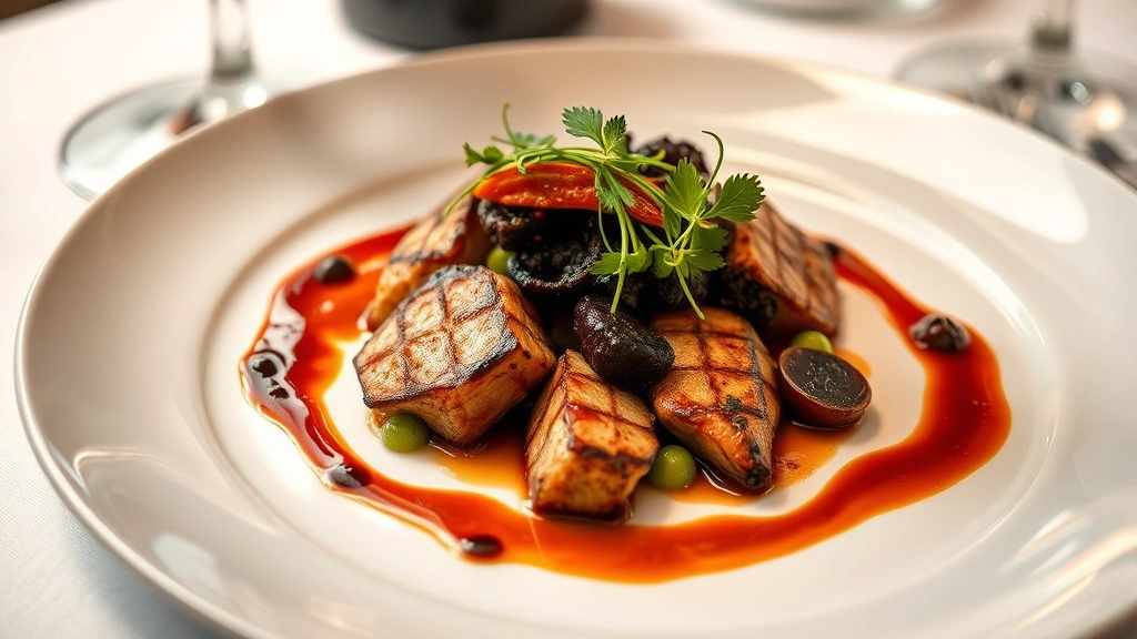 Elegant fine dining plated dish with refined Black culinary heritage ingredients: carefully composed proteins with vegetable garnishes, artistic sauce work, and sophisticated presentation on white ceramic plate with wine glass in soft restaurant lighting