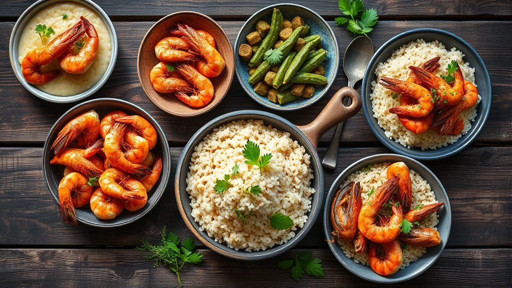 Vibrant overhead view of traditional Gullah Geechee low country seafood feast: whole shrimp and grits, okra preparation, rice-based dishes, and fresh seafood garnishes with coastal herbs on weathered wooden surface with natural daylight