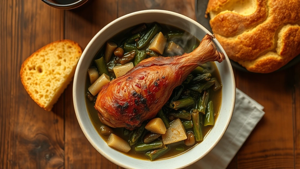 Overhead shot of steaming bowl of collard greens with smoked turkey leg, cornbread wedge beside it, rustic wooden table, warm golden lighting, steam rising