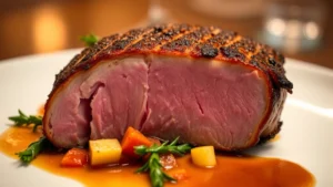 Close-up of perfectly seared duck breast with golden crust, cross-section showing pink medium-rare interior, plated with seasonal vegetables and glossy reduction sauce, warm professional lighting, shallow depth of field, restaurant plating style