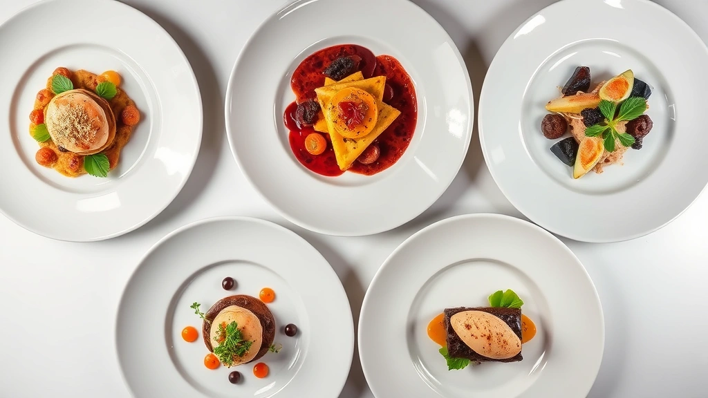 Artfully arranged multi-course tasting menu progression showing five different plates with varied colors, textures, and presentations, white fine dining plates, professional kitchen plating, soft studio lighting, top-down composition
