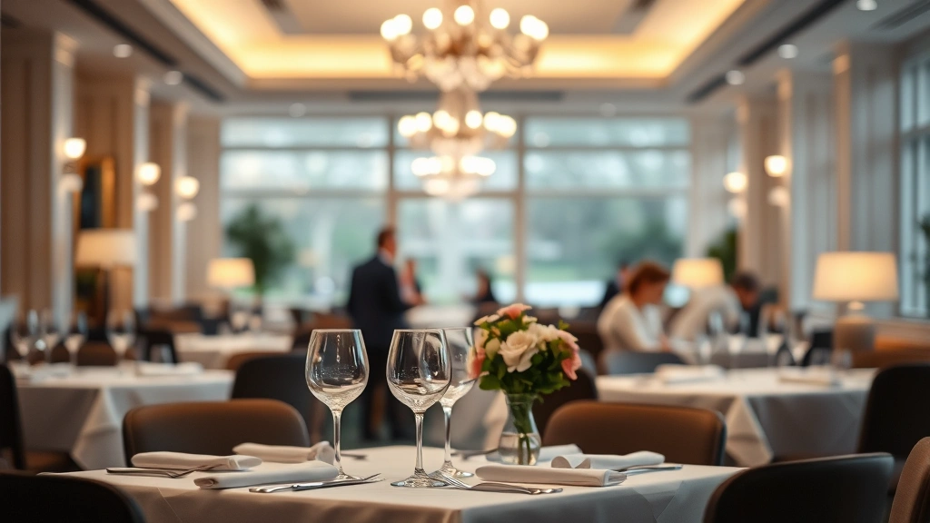 Elegant restaurant dining room interior with soft ambient lighting, white tablecloths, subtle floral centerpieces, wine glasses catching light, blurred background showing other diners in sophisticated atmosphere, warm inviting ambiance