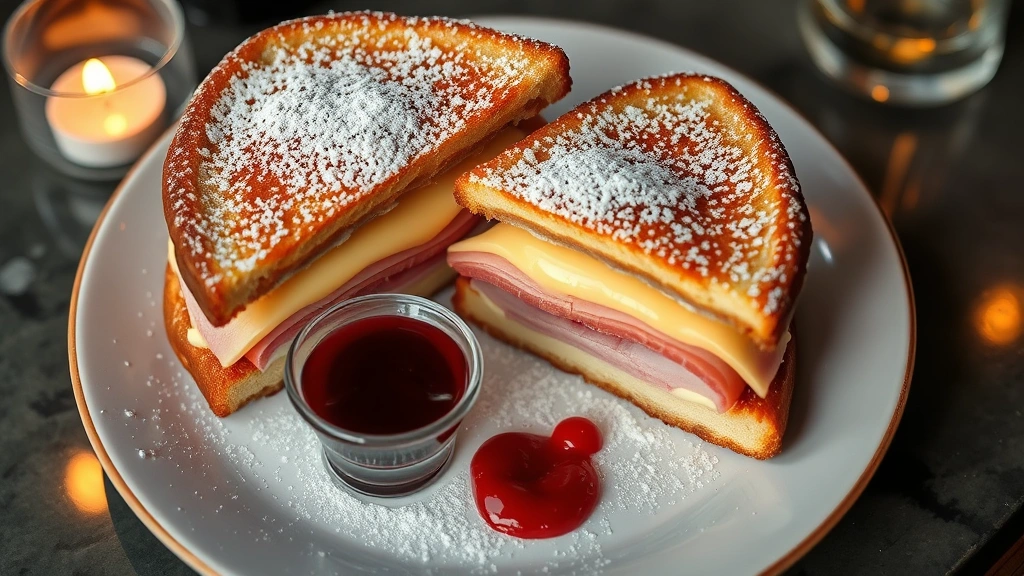 Overhead shot of Monte Cristo sandwich cut in half, showing layers of turkey, ham, and melted cheese between golden French toast, dusted with powdered sugar, raspberry jam in small glass beside it, candlelit ambiance reflected on plate