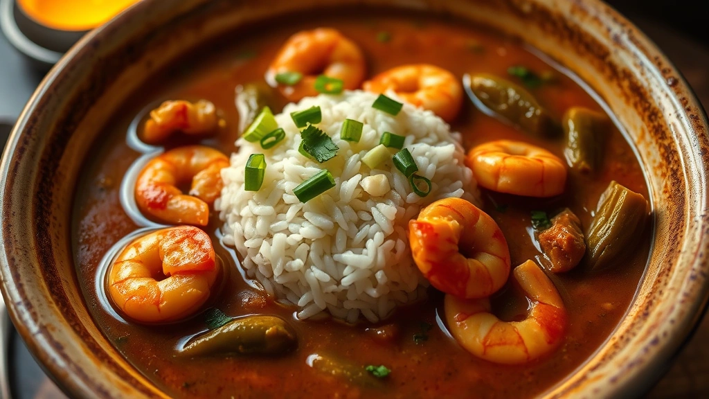 Close-up of steaming bowl of seafood gumbo with shrimp and okra visible, rich mahogany roux base, rice mound in center, garnished with green onions and parsley, candlelight creating warm glow on ceramic bowl