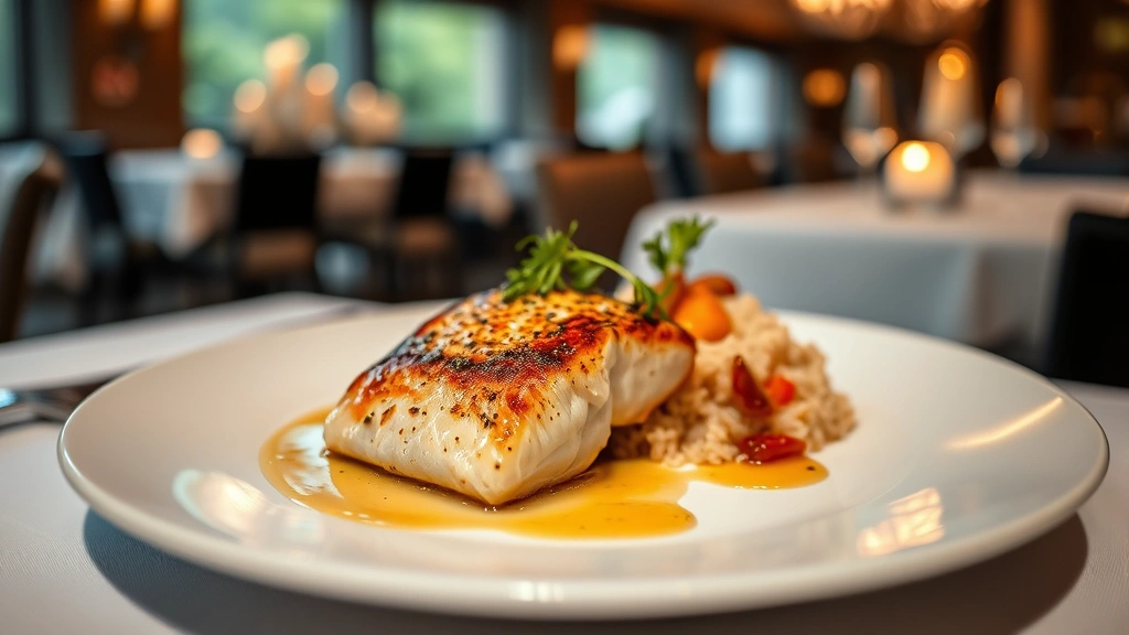 Plated pan-seared fish fillet with delicate sauce drizzle, roasted vegetables and rice pilaf, fresh herbs garnish, elegant white plate, soft candlelit restaurant setting blurred in background, professional culinary presentation