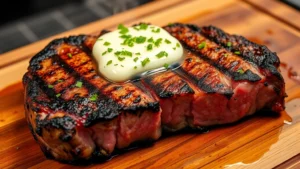 Perfectly grilled ribeye steak with mahogany crust, cilantro-lime compound butter melting on top, charred exterior, pink center visible, wooden cutting board, professional restaurant plating, steam rising