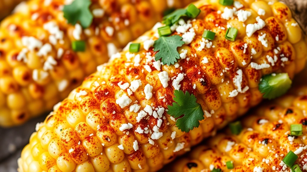Fresh elote corn on the cob with cotija cheese crumbles, chili powder dusting, lime crema coating, cilantro garnish, grilled char marks visible, close-up food photography, vibrant colors