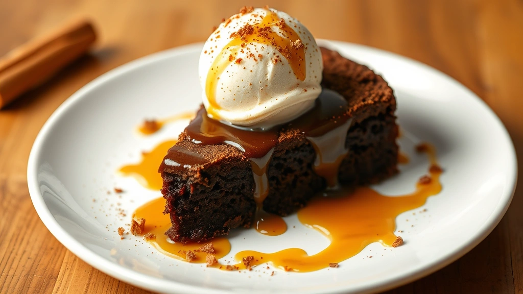 Molten chocolate-ancho chile dessert cake with cinnamon crema, chipotle ice cream scoop melting, drizzle of honey-reduction, elegant plating on white plate, professional pastry presentation, warm lighting