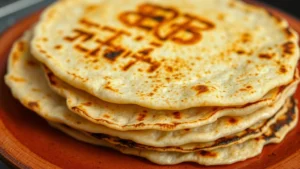 Close-up of freshly grilled corn tortillas with charred edges stacked on a warm plate, steam rising, showing texture and color variation from proper griddle cooking